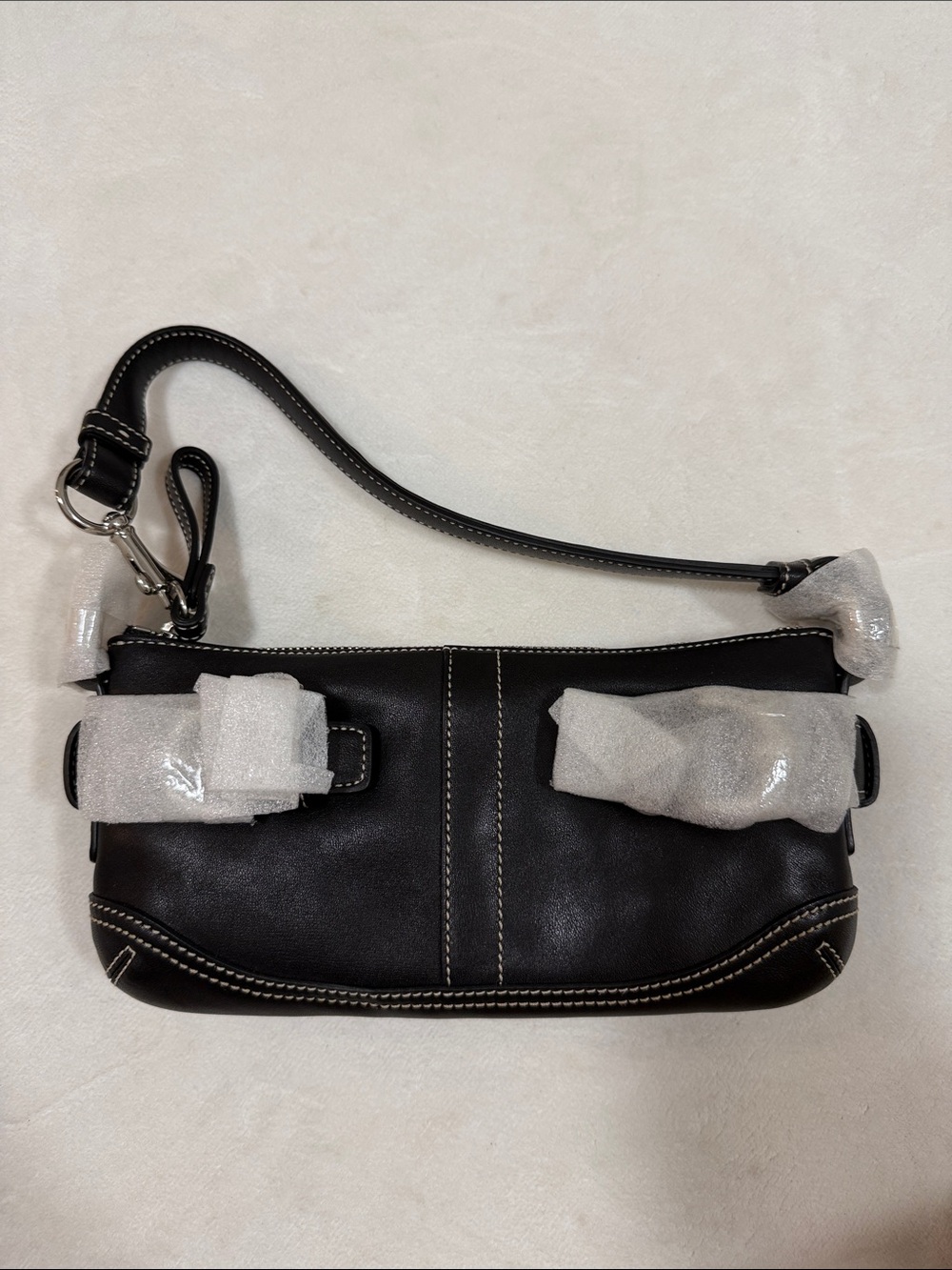 Soho double buckle baguette coach leather bag black